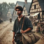 DALL·E 2025-03-12 09.48.49 - A young medieval man with a rugged look, dressed in simple trave...webp